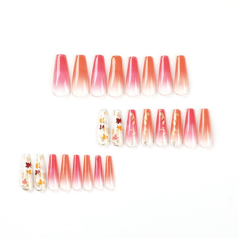 CJDLTS Thanksgiving Press on Nails Long Ballet Shaped Maple Leaf Sequins Design Fall False Nail Full Cover Glossy Gradient Stick on Nail Acrylic Artificial Fingernails Festival Glue on Nails for Women - Image 4